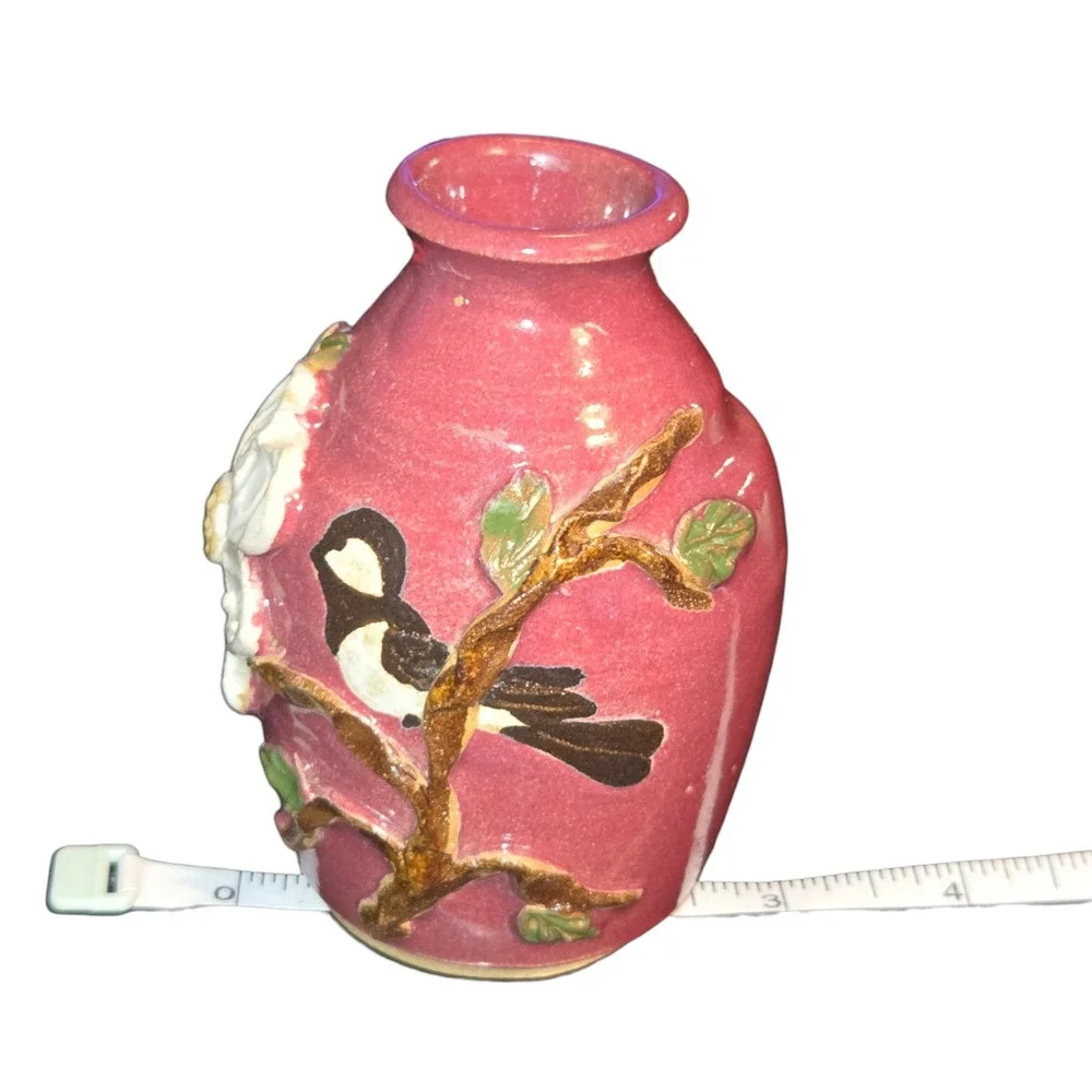 Judy Jones Pottery VTG Dogwood & Chickadee Bud Vase Signed Small‎ Pink 2002 EUC!